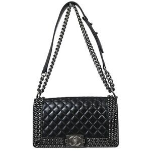 Chanel Boy Flap Bag Quilted Glazed Calfskin Black Leather Handbag